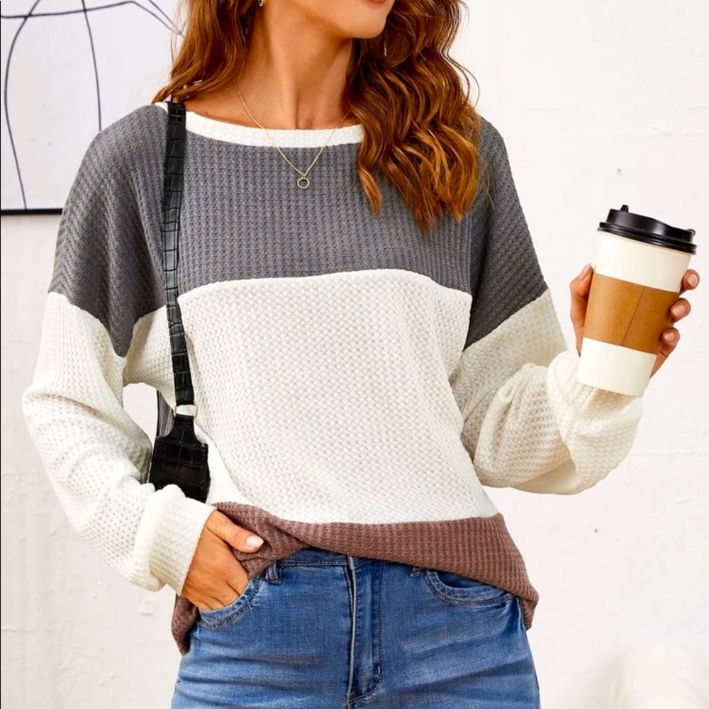 GRAY,CREAM & BROWN COLORBLOCK DROP SHOULDER TEE